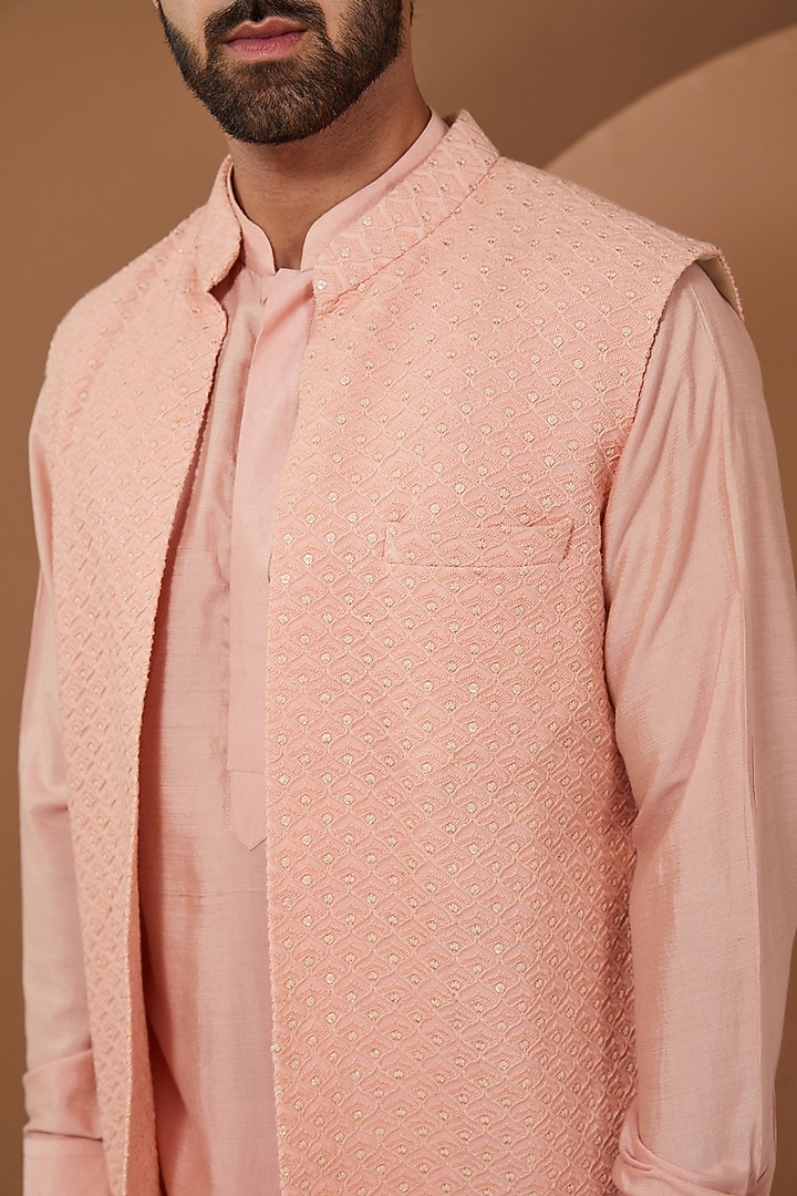 Peach Raw Silk Wedding Indowestern Set by SANCHIT SHARMA at Pernia's Pop Up Shop