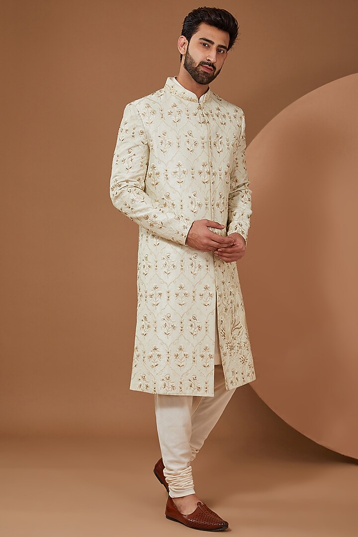 Ivory Raw Silk Groom Indowestern Set by SANCHIT SHARMA at Pernia's Pop Up Shop