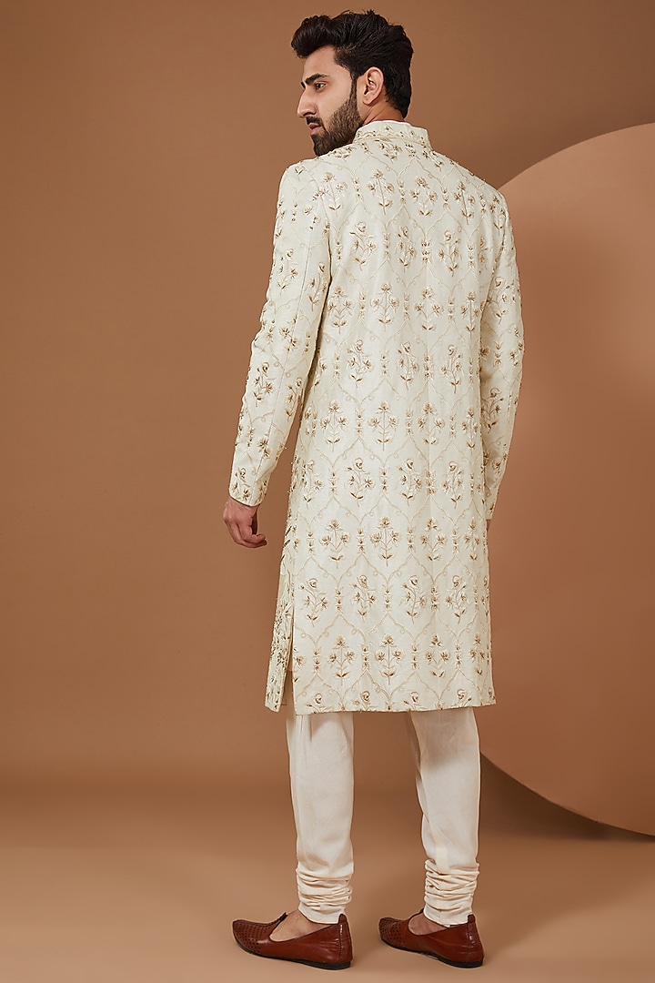 Ivory Raw Silk Groom Indowestern Set by SANCHIT SHARMA at Pernia's Pop Up Shop