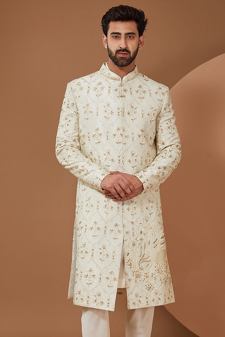 Ivory Raw Silk Groom Indowestern Set by SANCHIT SHARMA at Pernia's Pop Up Shop