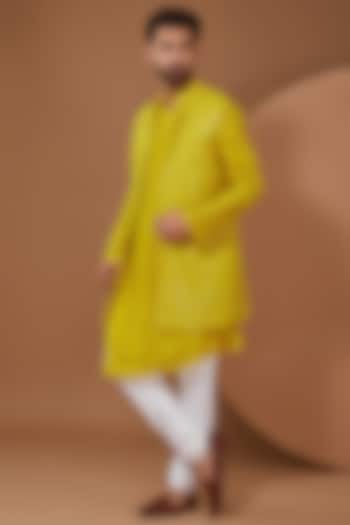 Yellow Silk Indowestern Set by SANCHIT SHARMA