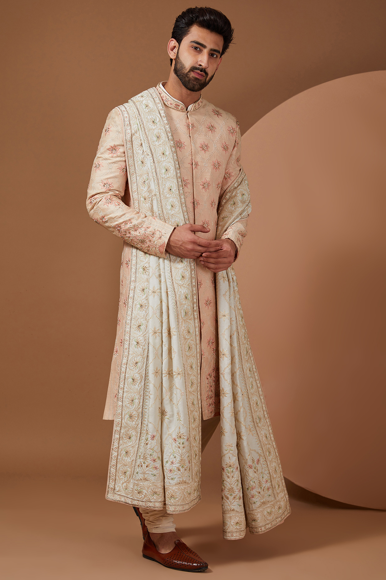 Peach Raw Silk Groom Indowestern Set by SANCHIT SHARMA at Pernia's Pop Up Shop