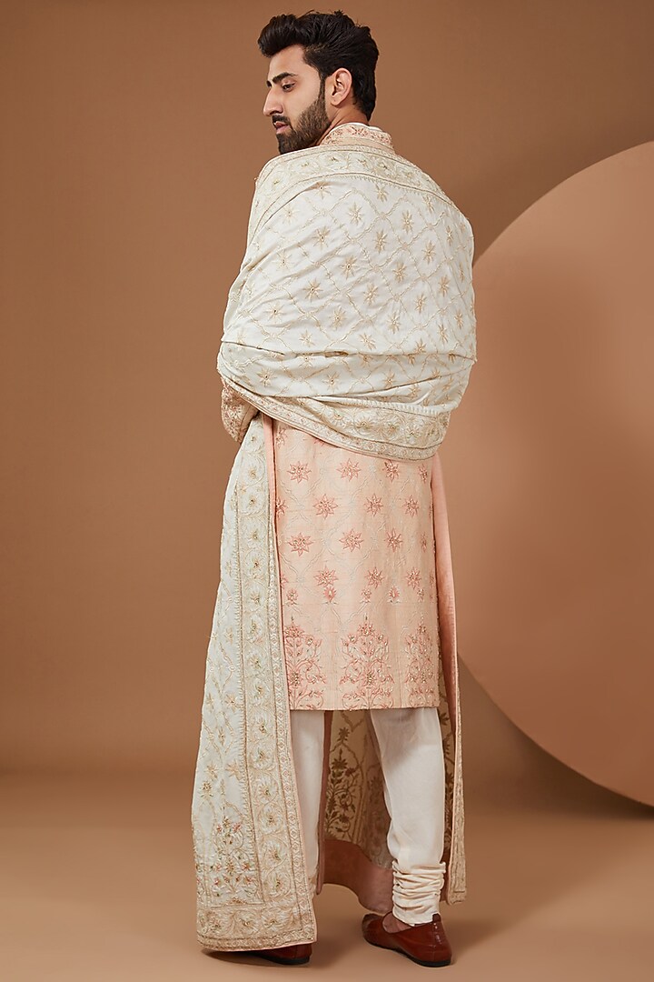 Peach Raw Silk Groom Indowestern Set by SANCHIT SHARMA at Pernia's Pop Up Shop