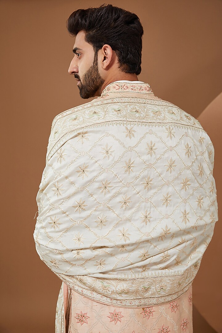 Peach Raw Silk Groom Indowestern Set by SANCHIT SHARMA at Pernia's Pop Up Shop