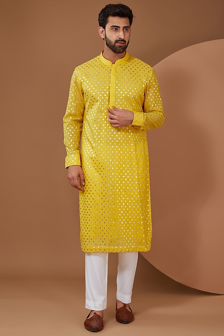 Yellow Chanderi Silk Kurta Set by SANCHIT SHARMA