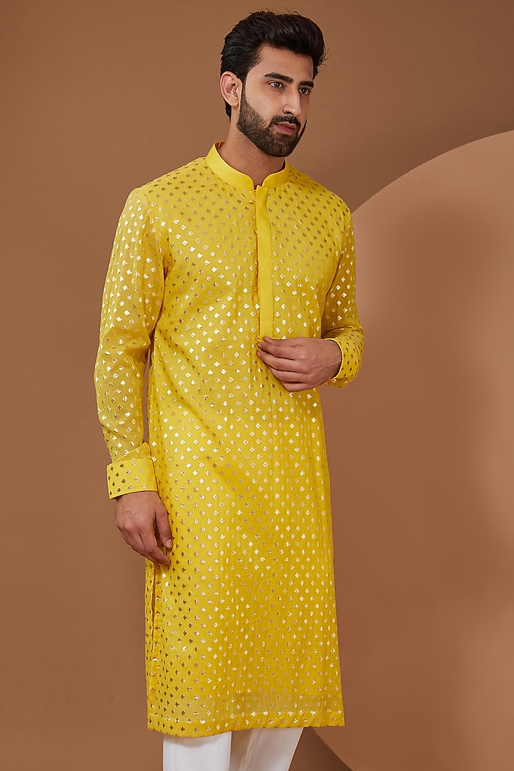 Yellow Chanderi Silk Kurta Set by SANCHIT SHARMA at Pernia's Pop Up Shop
