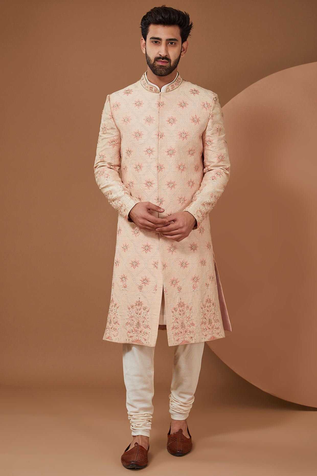 Peach Raw Silk Groom Indowestern Set by SANCHIT SHARMA at Pernia's Pop Up Shop