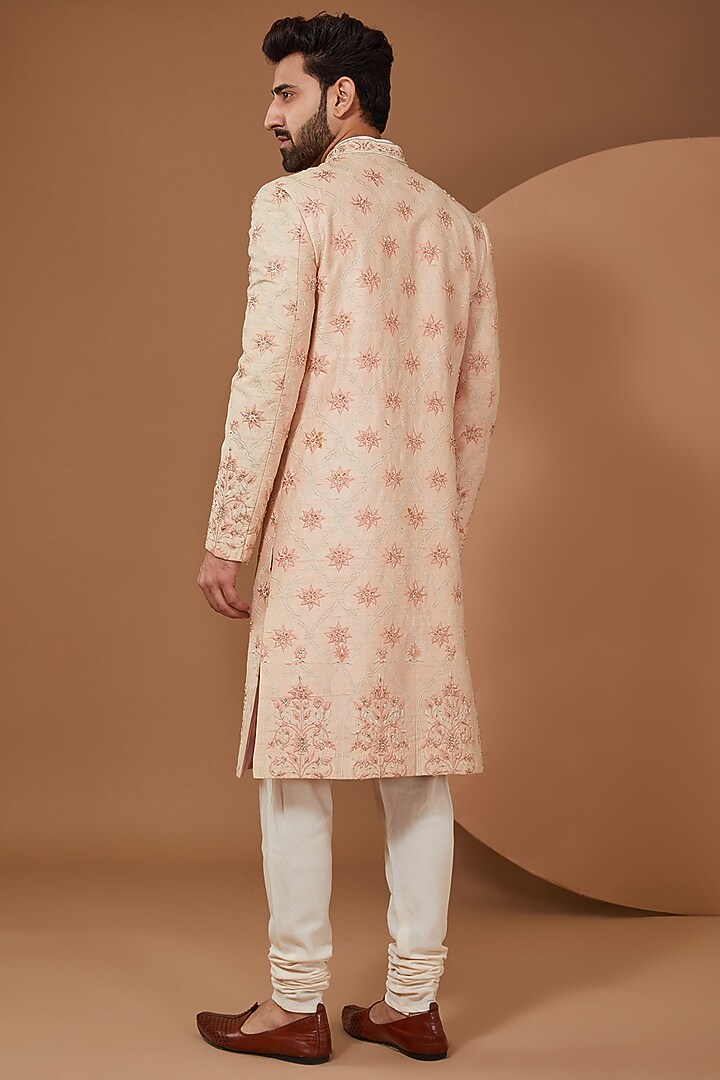 Peach Raw Silk Groom Indowestern Set by SANCHIT SHARMA at Pernia's Pop Up Shop