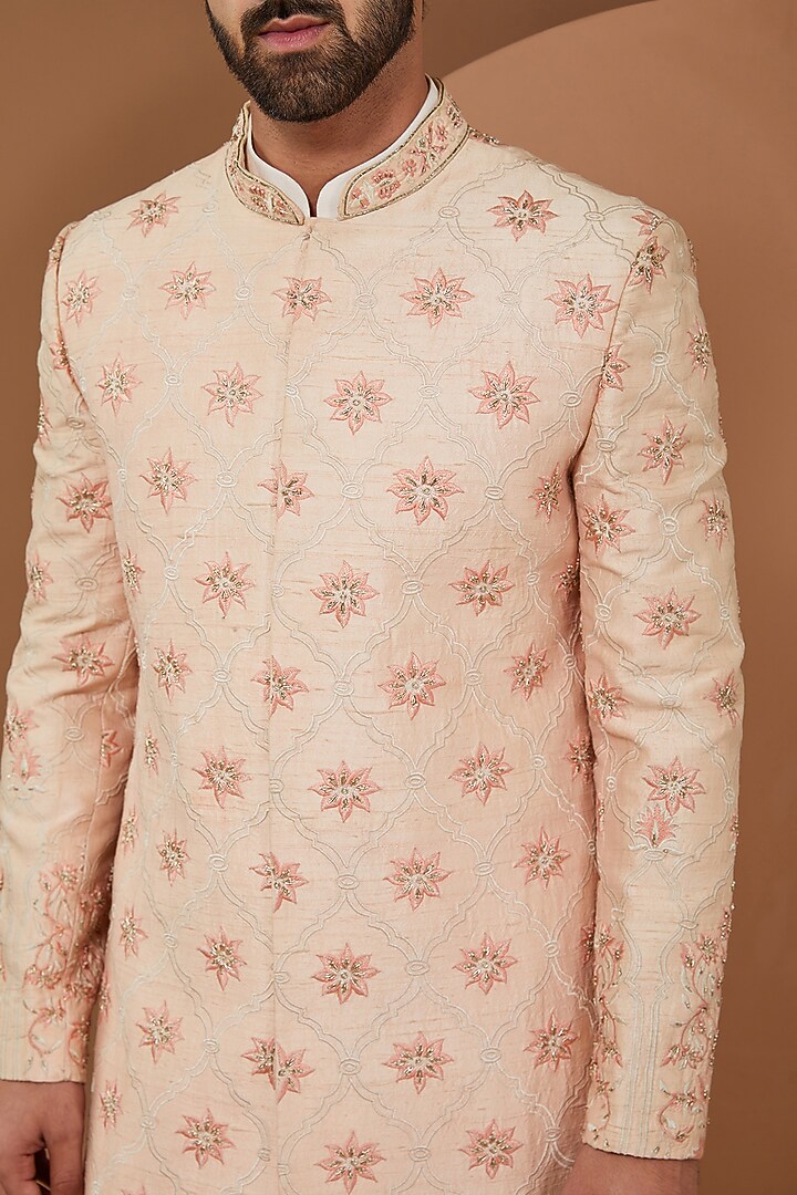 Peach Raw Silk Groom Indowestern Set by SANCHIT SHARMA at Pernia's Pop Up Shop