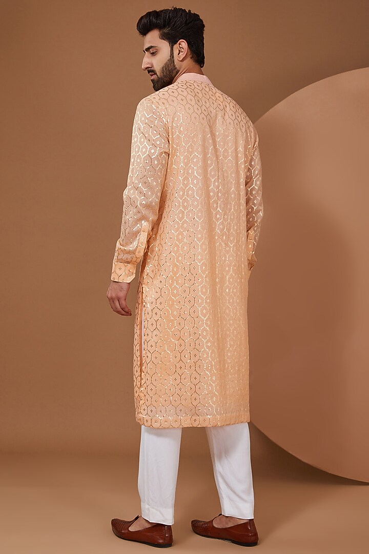 Peach Chanderi Silk Kurta Set by SANCHIT SHARMA at Pernia's Pop Up Shop