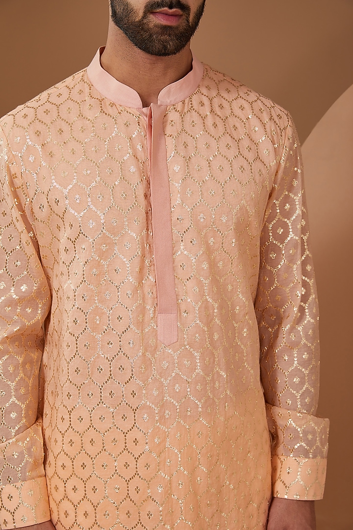 Peach Chanderi Silk Kurta Set by SANCHIT SHARMA at Pernia's Pop Up Shop
