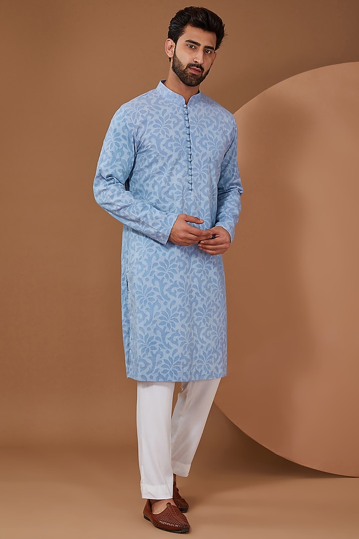 Blue Chanderi Cotton Kurta Set by SANCHIT SHARMA
