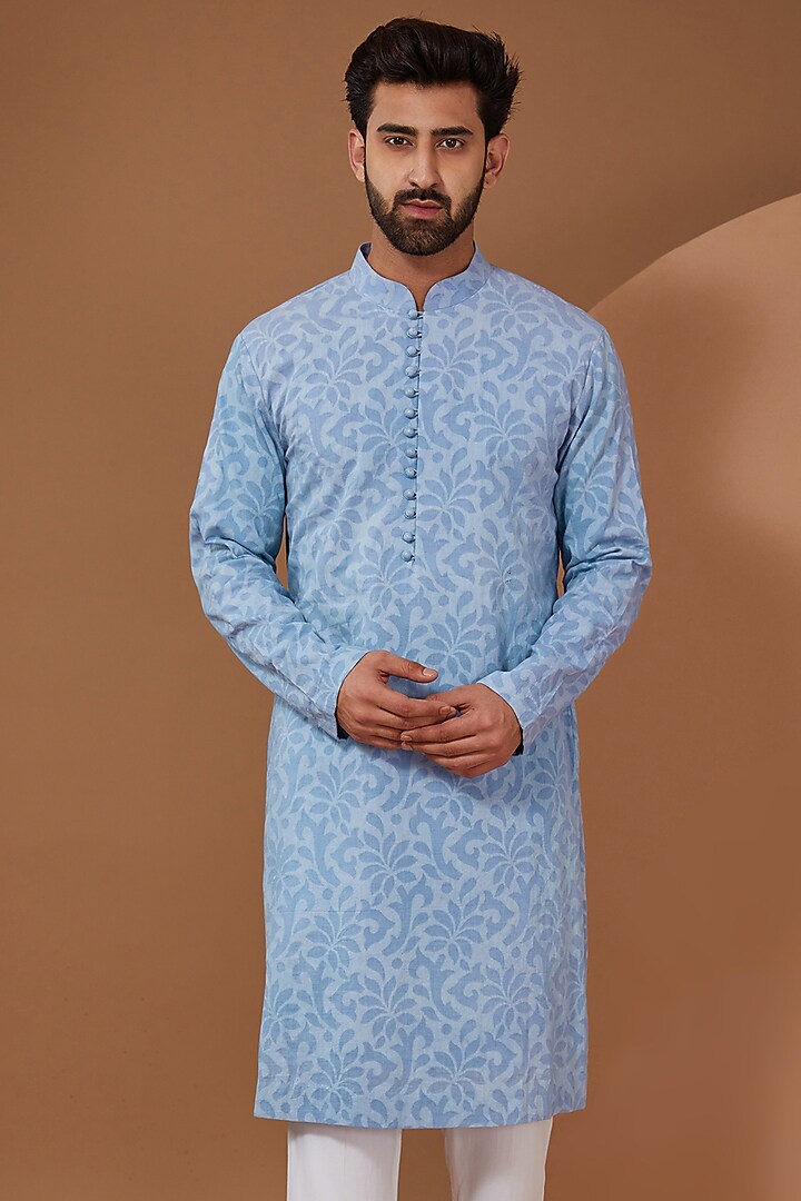 Blue Chanderi Cotton Kurta Set by SANCHIT SHARMA at Pernia's Pop Up Shop