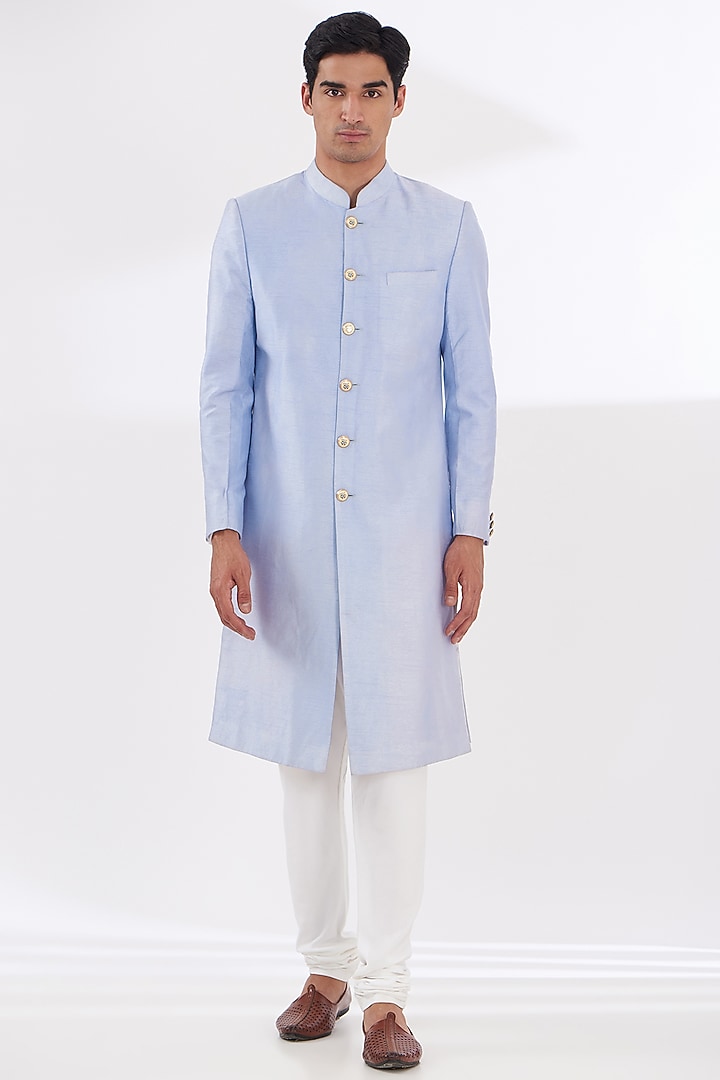 Ice Blue Raw Silk Achkan Jacket Set by SANCHIT SHARMA at Pernia's Pop Up Shop