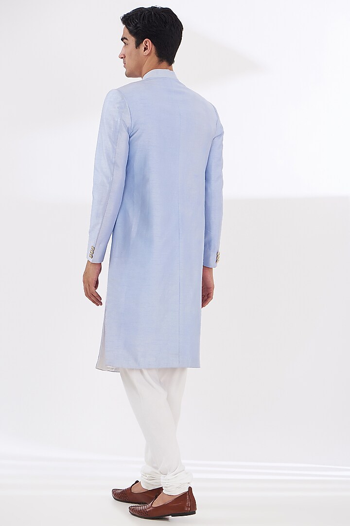 Ice Blue Raw Silk Achkan Jacket Set by SANCHIT SHARMA at Pernia's Pop Up Shop