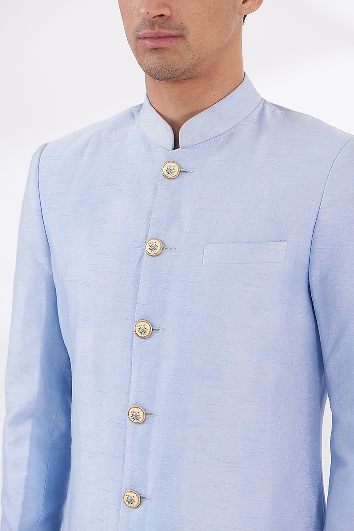 Ice Blue Raw Silk Achkan Jacket Set by SANCHIT SHARMA at Pernia's Pop Up Shop