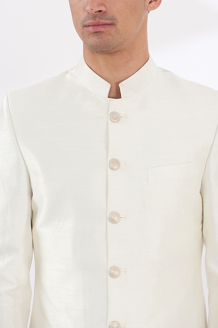 Ivory Raw Silk Achkan Jacket Set by SANCHIT SHARMA at Pernia's Pop Up Shop