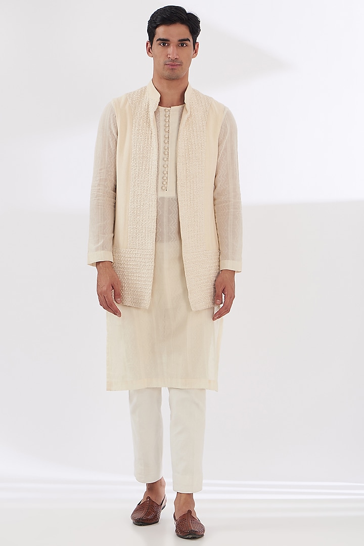 Ivory Chanderi Cotton Indowestern Set by SANCHIT SHARMA