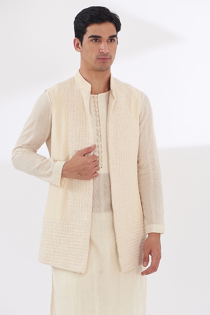 Ivory Chanderi Cotton Wedding Indowestern Set by SANCHIT SHARMA at Pernia's Pop Up Shop