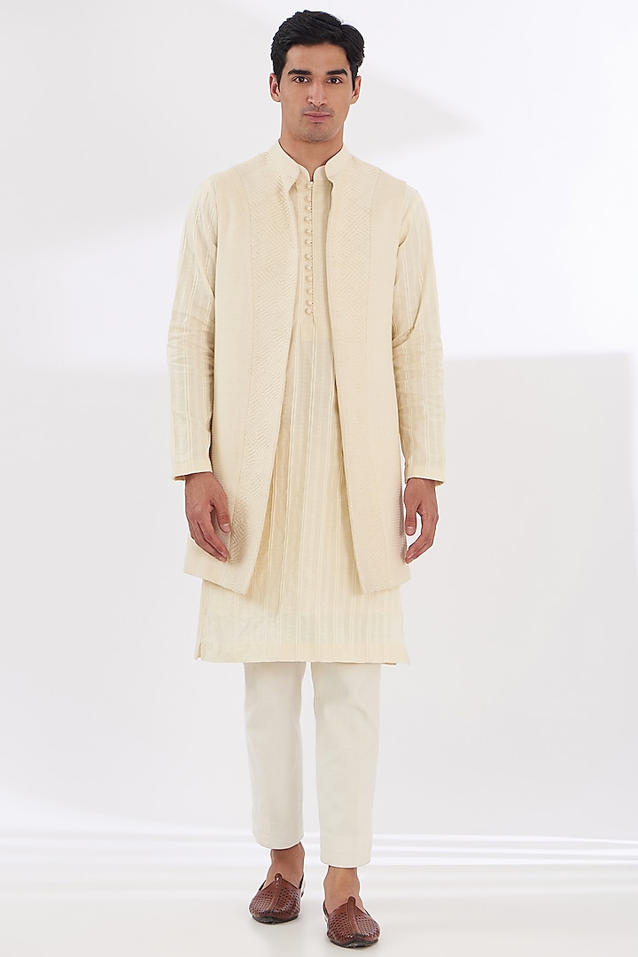 Ivory Chanderi Cotton Indowestern Set by SANCHIT SHARMA