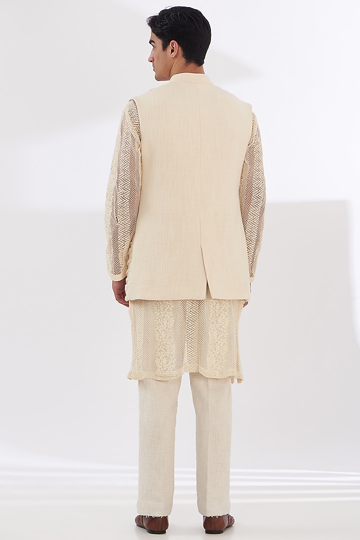 Ivory Khadi Chanderi Nehru Jacket Set by SANCHIT SHARMA at Pernia's Pop Up Shop
