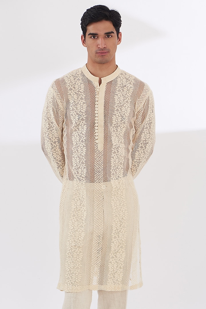 Ivory Chanderi Silk Kurta Set by SANCHIT SHARMA at Pernia's Pop Up Shop