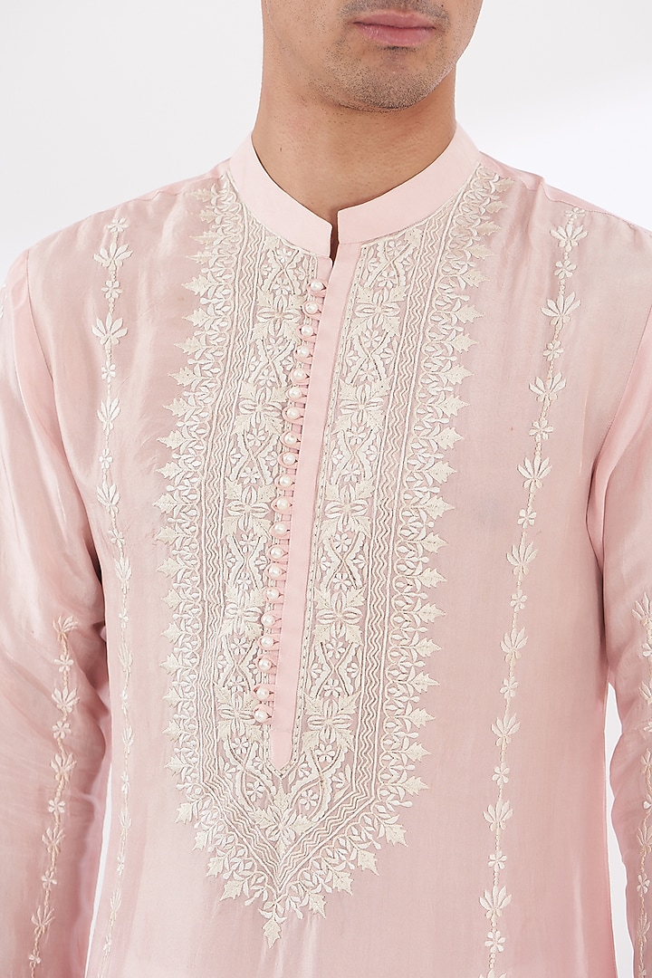 Peach Chanderi Silk Kurta Set by SANCHIT SHARMA at Pernia's Pop Up Shop