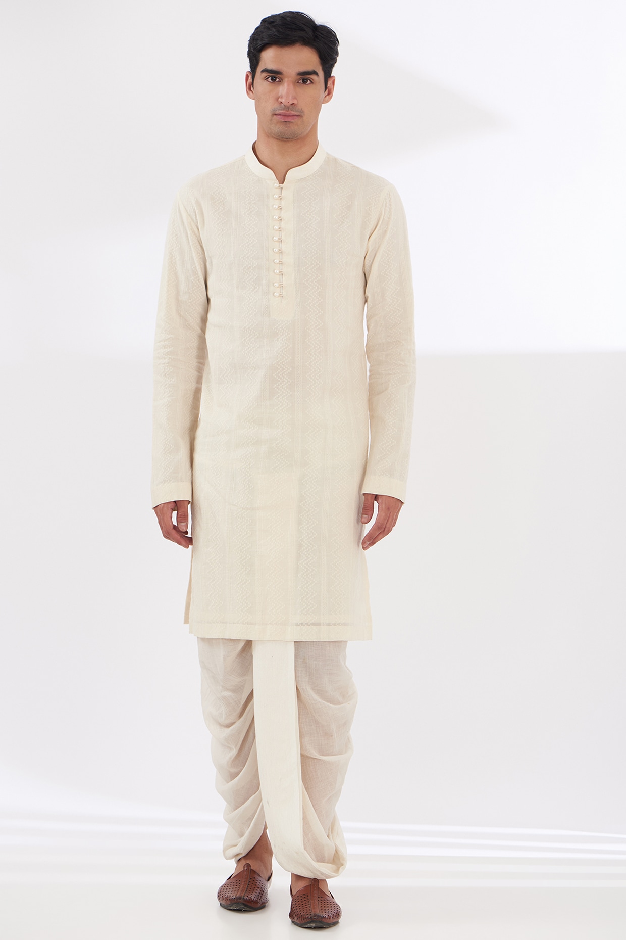 Jaquard Jacketed Firozi & Cream Kurta Pyjama Set with Aligadhi Pants