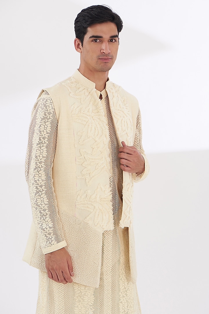 Ivory Khadi Chanderi Wedding Indowestern Set by SANCHIT SHARMA at Pernia's Pop Up Shop