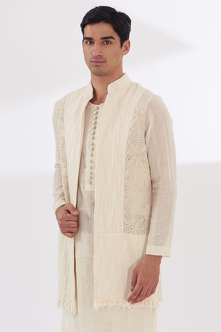 Ivory Khadi Chanderi Wedding Indowestern Set by SANCHIT SHARMA at Pernia's Pop Up Shop