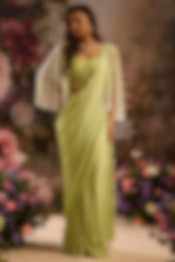 Sage Green Chiffon Embellished Pre-Draped Jacket Saree Set by Saniya Sharma at Pernia's Pop Up Shop