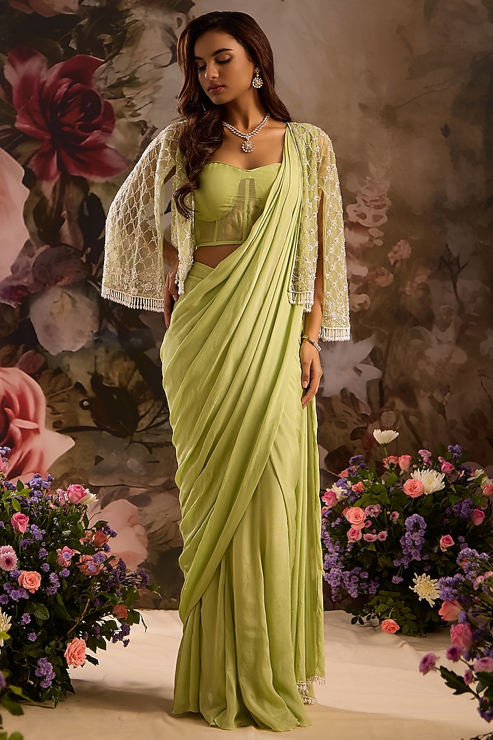 Sage Green Chiffon Embellished Pre-Draped Jacket Saree Set by Saniya Sharma at Pernia's Pop Up Shop