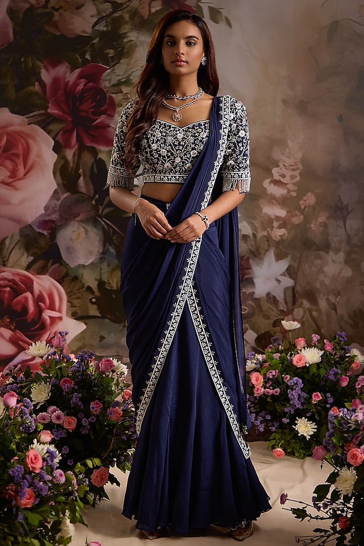 Navy Blue Chiffon Hand Embroidered Pre-Draped Saree Set by Saniya Sharma at Pernia's Pop Up Shop