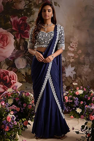 Navy Blue Chiffon Hand Embroidered Pre-Draped Saree Set by Saniya Sharma