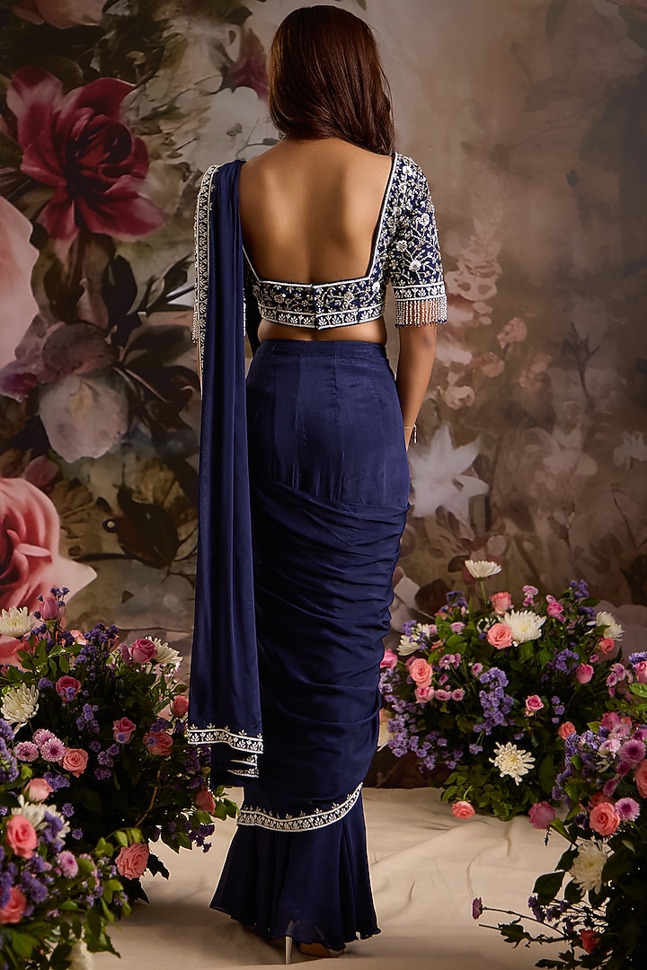 Navy Blue Chiffon Hand Embroidered Pre-Draped Wedding Saree Set by Saniya Sharma at Pernia's Pop Up Shop