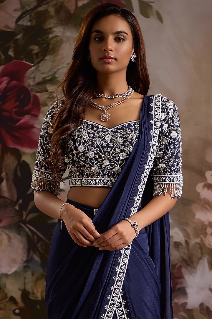 Navy Blue Chiffon Hand Embroidered Pre-Draped Wedding Saree Set by Saniya Sharma at Pernia's Pop Up Shop