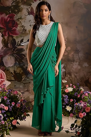 Emerald Green Chiffon Pre-Draped Saree Set by Saniya Sharma