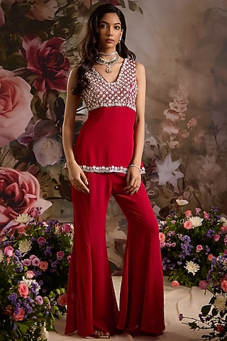 Red Double Georgette Hand Embellished Co-Ord Set by Saniya Sharma