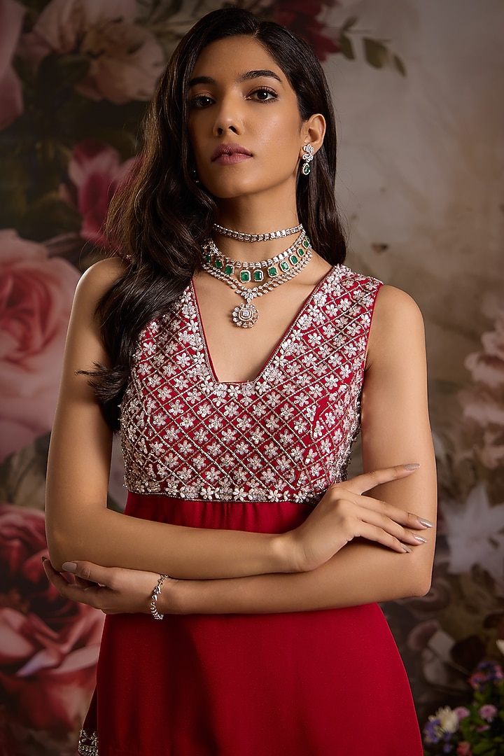Red Double Georgette Hand Embellished Co-Ord Set by Saniya Sharma at Pernia's Pop Up Shop