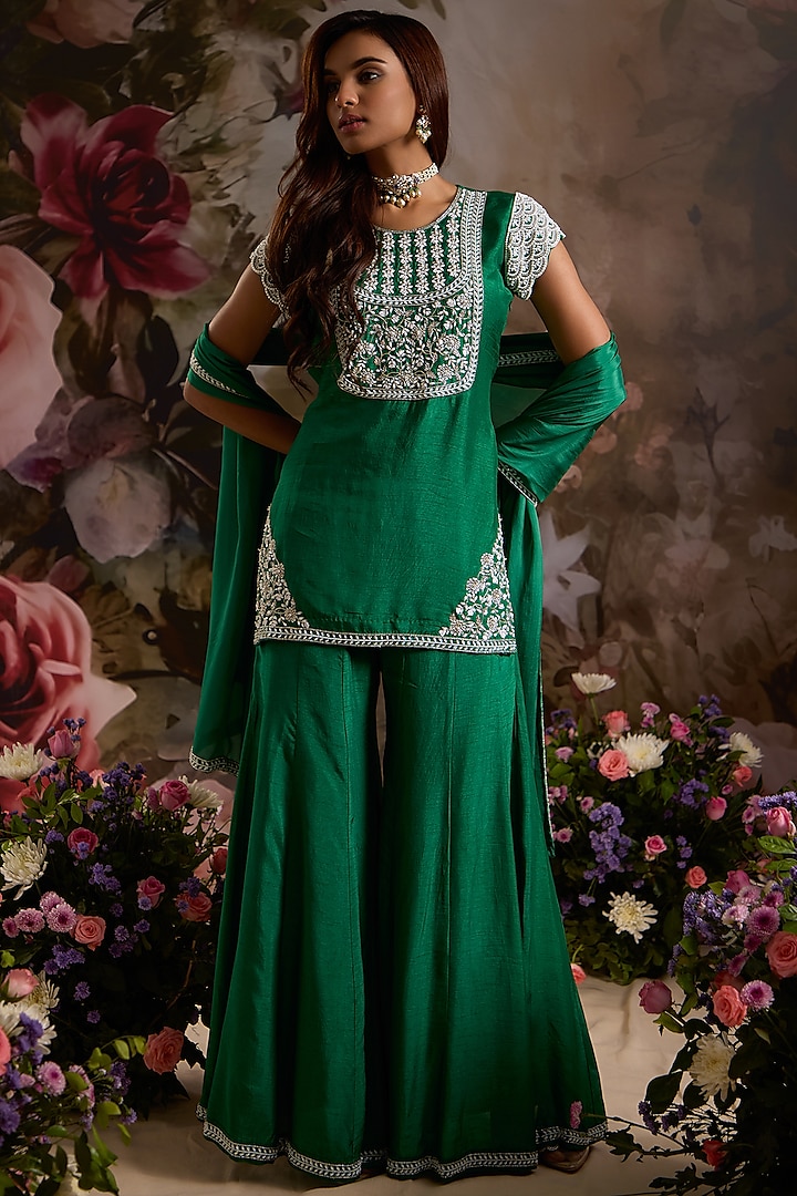 Emerald Green Silk Sharara Set by Saniya Sharma at Pernia's Pop Up Shop