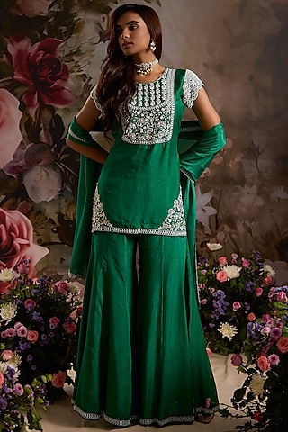Emerald Green Silk Sharara Set by Saniya Sharma