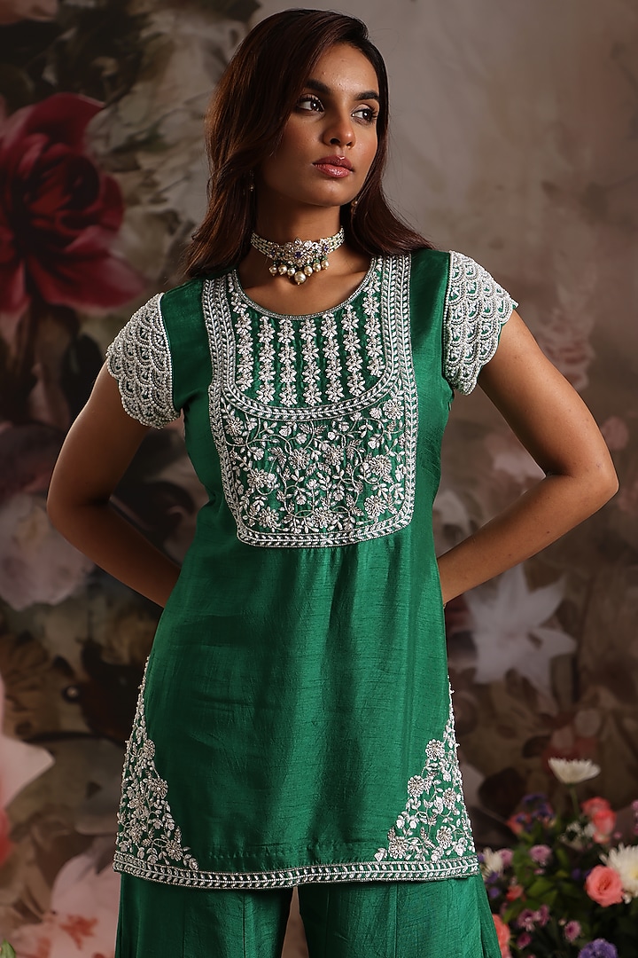 Emerald Green Silk Wedding Sharara Set by Saniya Sharma at Pernia's Pop Up Shop