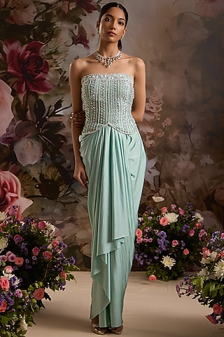 Sea Green Lycra Draped Skirt Set by Saniya Sharma