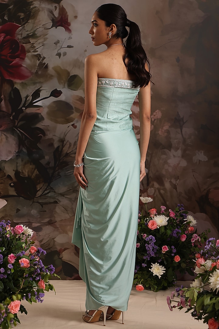 Sea Green Lycra Draped Skirt Set by Saniya Sharma at Pernia's Pop Up Shop