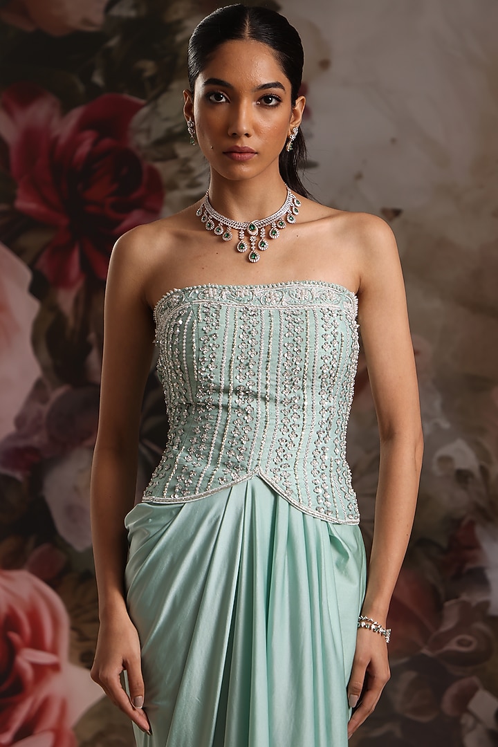 Sea Green Lycra Draped Skirt Set by Saniya Sharma at Pernia's Pop Up Shop
