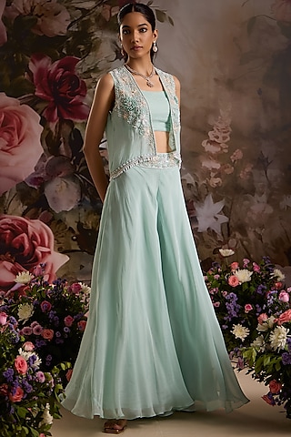Sea Green Viscose Organza Sharara Set by Saniya Sharma