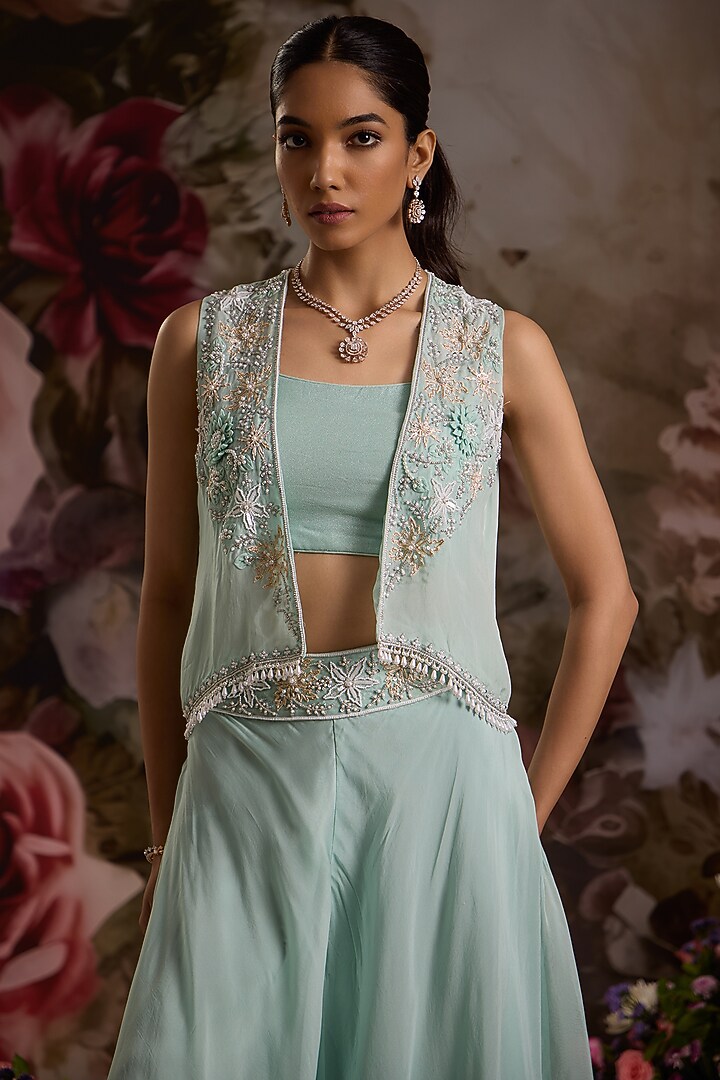 Sea Green Viscose Organza Wedding Sharara Set by Saniya Sharma at Pernia's Pop Up Shop