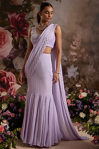 Lavender Chiffon Pre-Draped Saree Set by Saniya Sharma