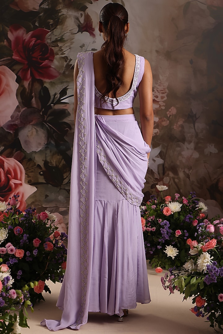 Lavender Chiffon Pre-Draped Wedding Saree Set by Saniya Sharma at Pernia's Pop Up Shop