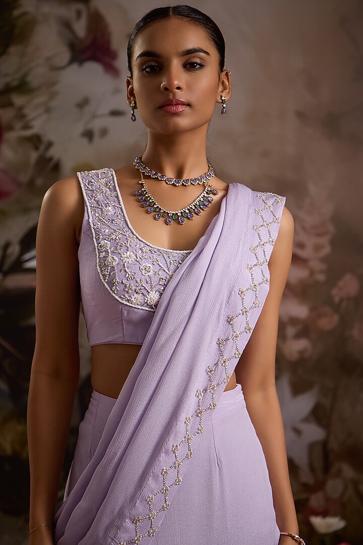 Lavender Chiffon Pre-Draped Wedding Saree Set by Saniya Sharma at Pernia's Pop Up Shop